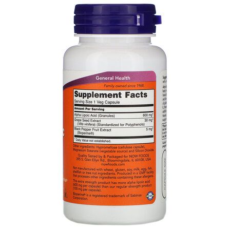 NOW Foods Alpha Lipoic Acid 600 mg (60 вег. капсул) альфа - липоевая кислота