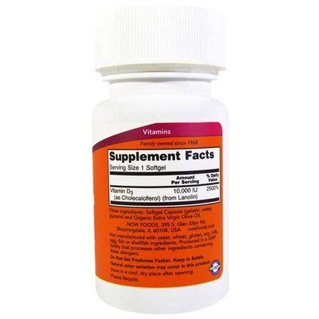NOW Foods Vitamin D3 10000 IU (240 гелевых капсул) витамин Д3 холикальцеферол