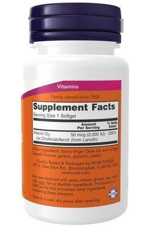 NOW Foods Vitamin D3 2000 IU (240 гелевых капсул) витамин Д3 холикальцеферон